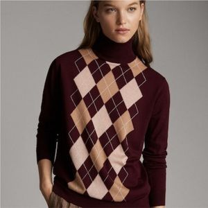 Massimo Dutti Wool & Silk Argyle Turtleneck Sweater in Burgundy, S